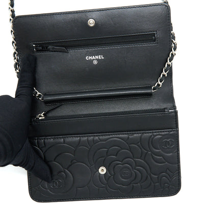 Chanel Camellia Wallet On Chain Lambskin Black