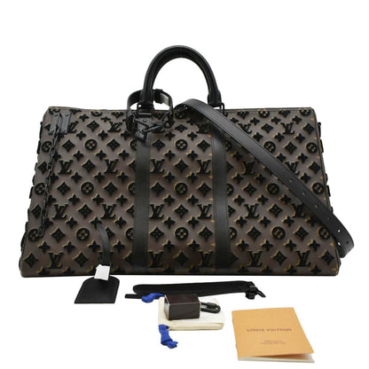 LOUIS VUITTON Keepall Triangle 50 Monogram Tuffetage Travel Bag Black