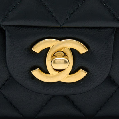 Chanel 21K Top Handle Mini Rectangular Flap Bag Lambskin Black Brushed (Microchip)