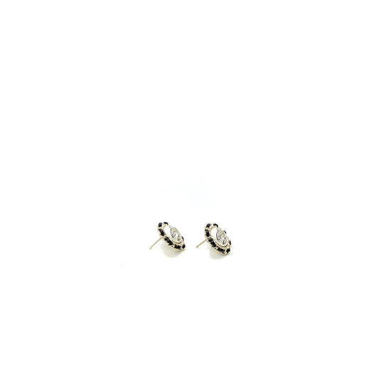 Chanel Round CC Logo Earring Leather Chain/Crystal Light Gold Tone