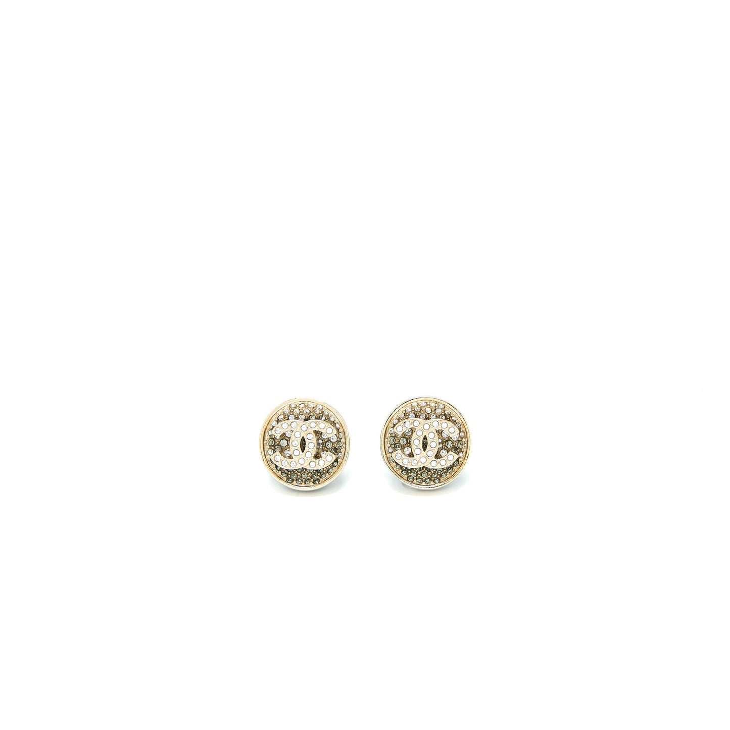 Chanel 23P CC Logo Crystal Round Earrings Light Gold Tone