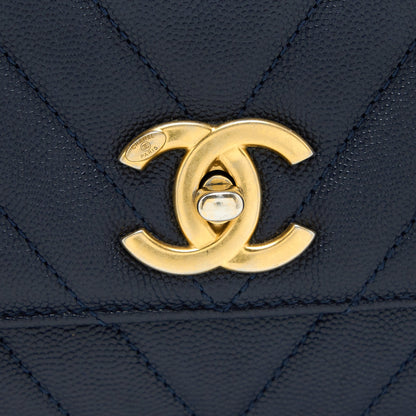 Chanel Medium Chevron Coco Handle Bag Caviar with Lizard Handle Navy Brushed