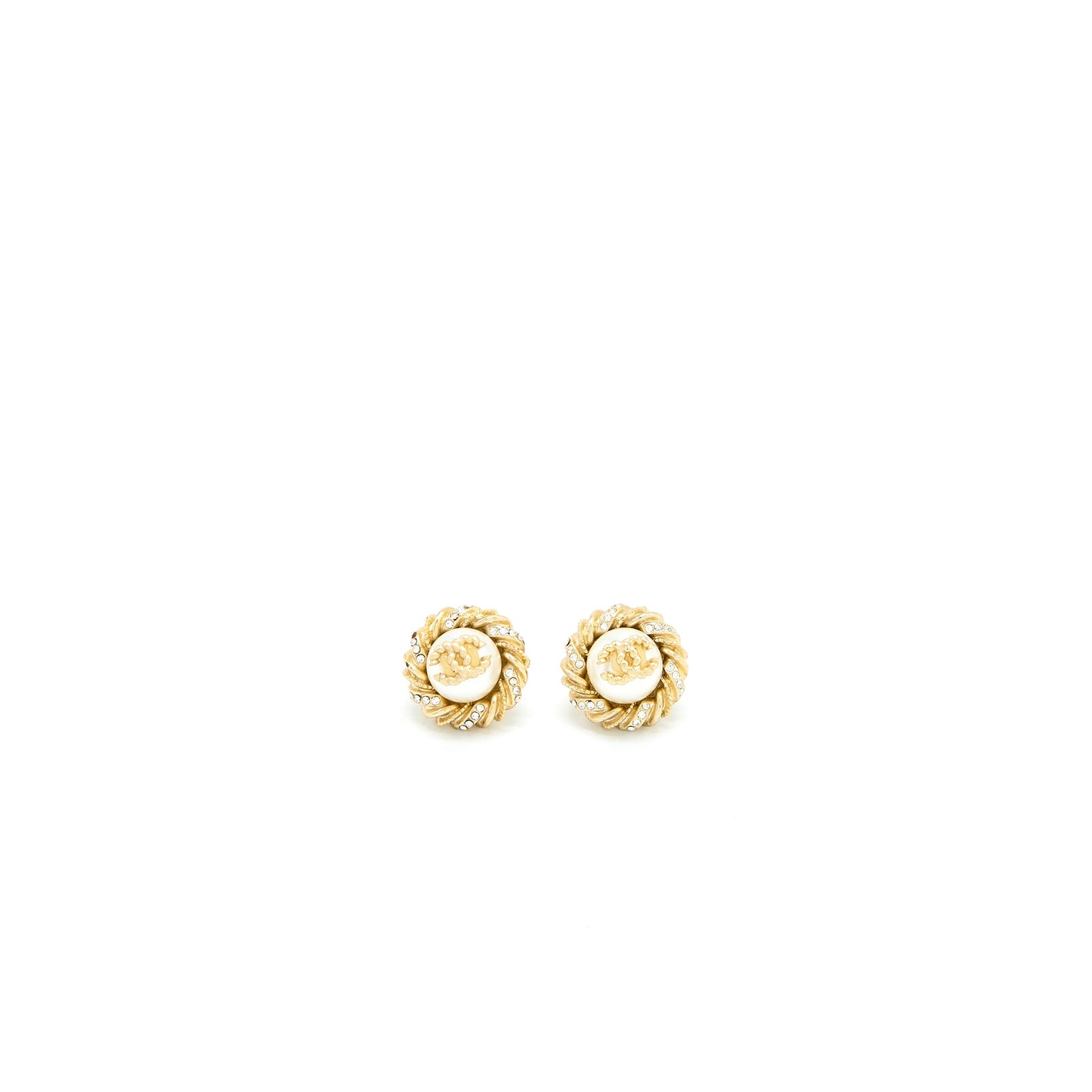 Chanel Round CC Logo Earrings Pearl/Crystal Light Gold Tone