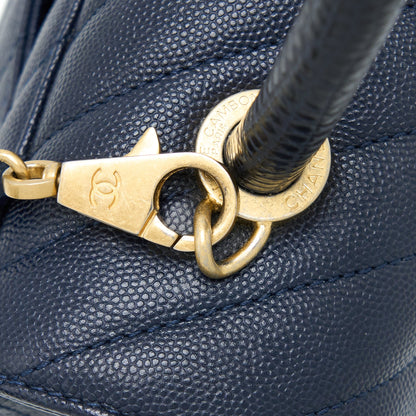 Chanel Medium Chevron Coco Handle Bag Caviar with Lizard Handle Navy Brushed