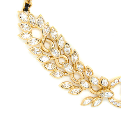 Chanel CC Logo/Leaf Necklace/Chocker Crystal/Leather Chain Gold Tone