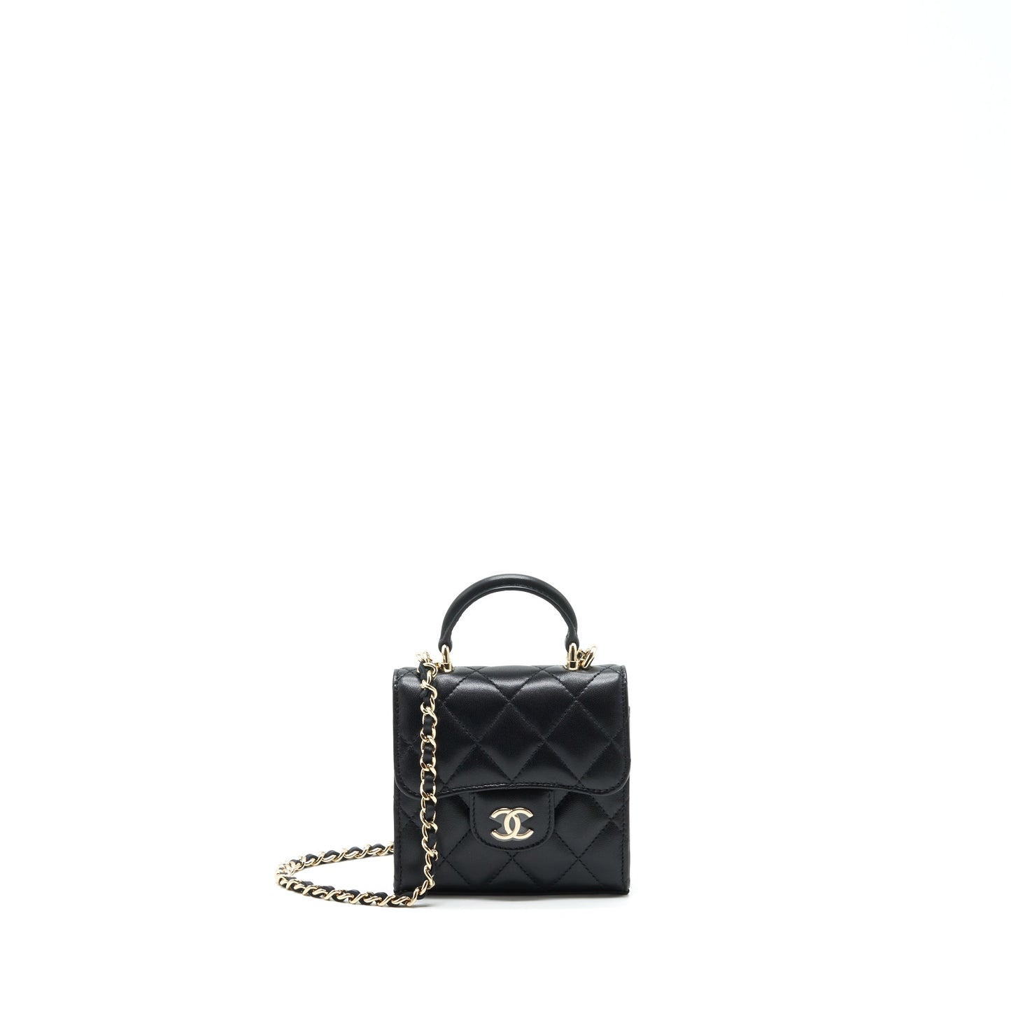 Chanel 22P Top Handle Mini Flap Bag With Chain Lambskin Black L