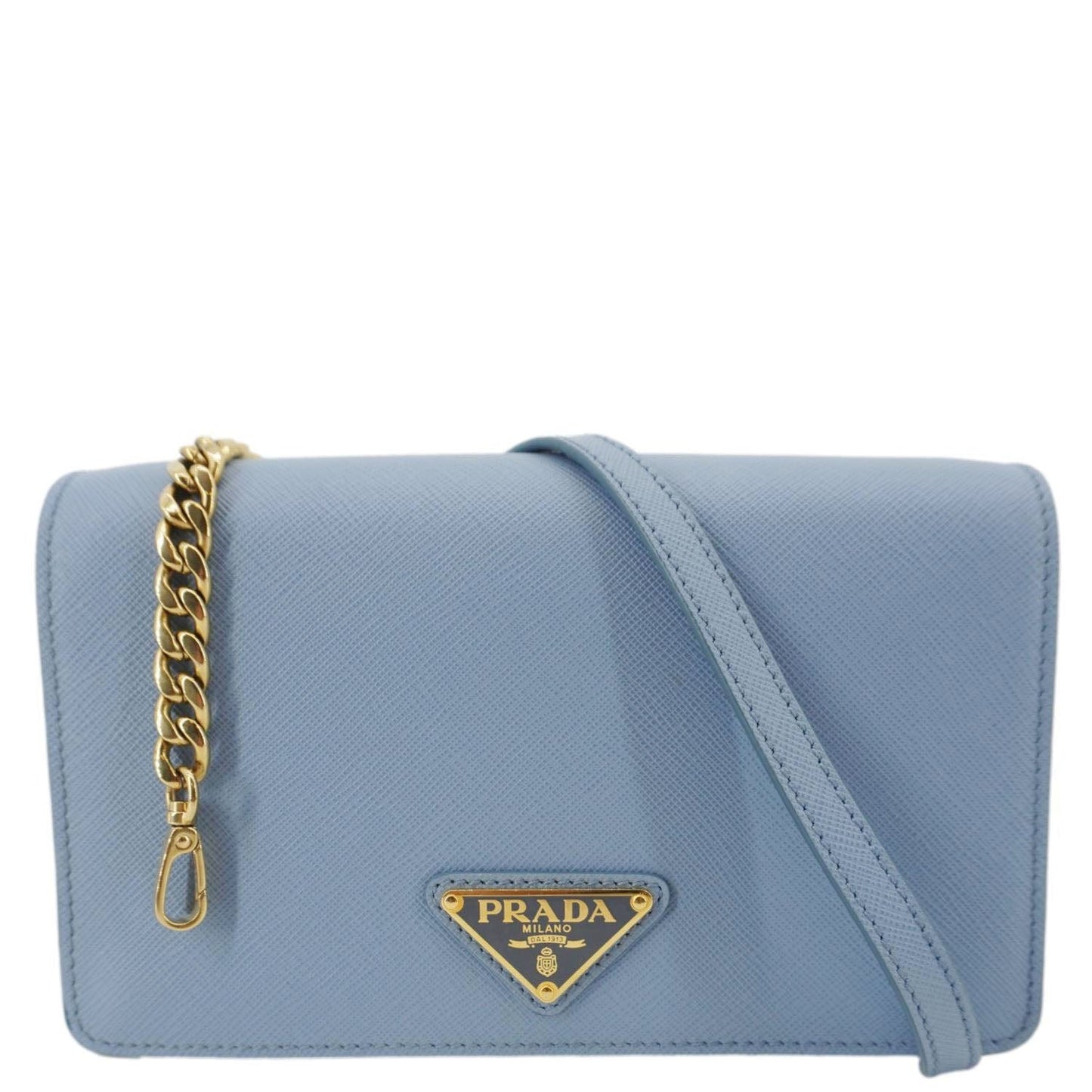PRADA Bandoliera Flip Lock Saffiano Leather Chain Crossbody Bag Blue
