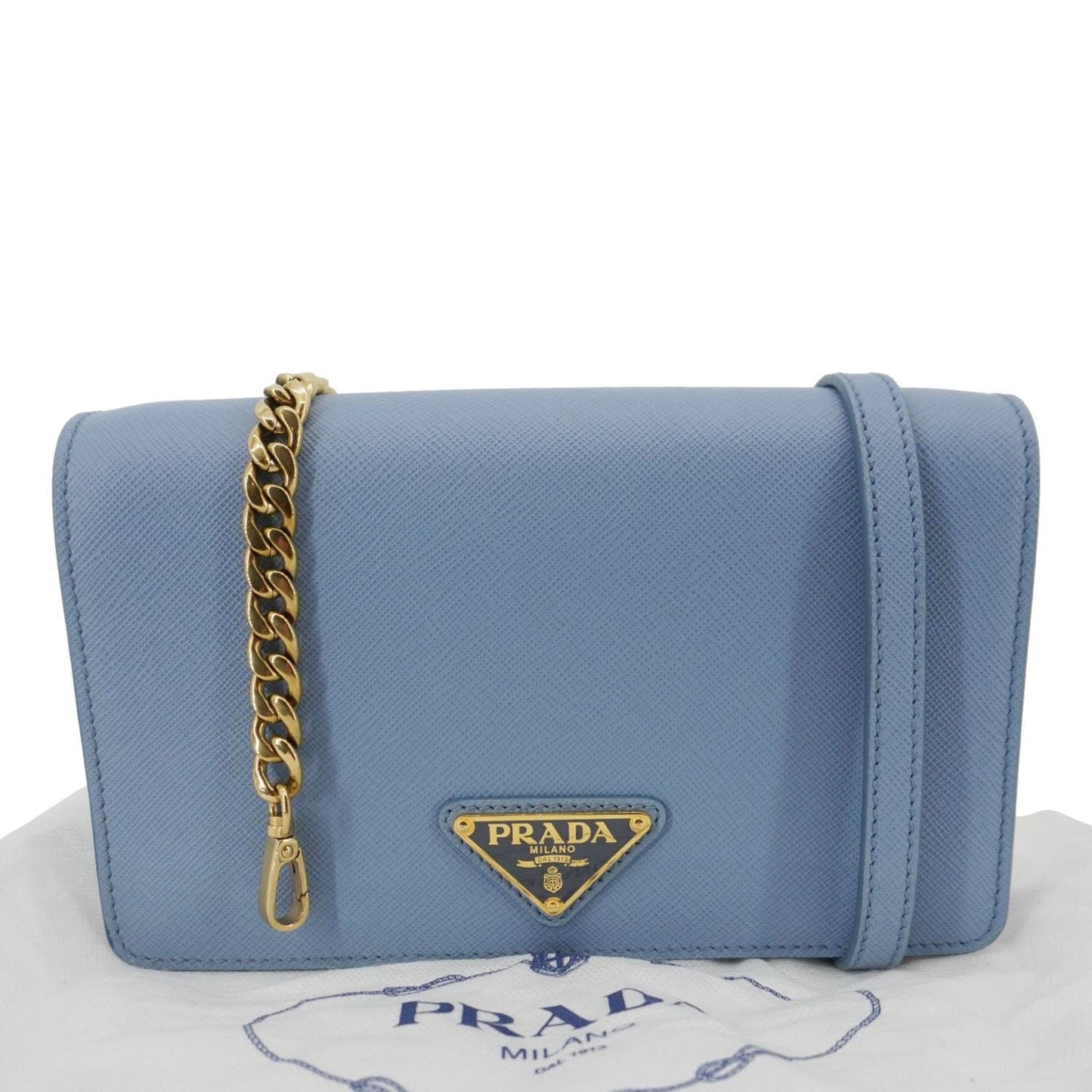 PRADA Bandoliera Flip Lock Saffiano Leather Chain Crossbody Bag Blue