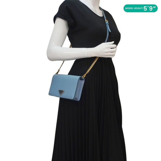 PRADA Bandoliera Flip Lock Saffiano Leather Chain Crossbody Bag Blue