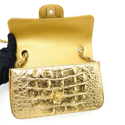 Chanel Mini Rectangular Flap Bag Croc Embossed Calfskin Gold