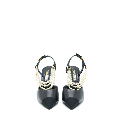 Chanel Size 39 Heel with Pearl Leather/Fabric Black