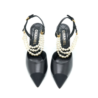 Chanel Size 39 Heel with Pearl Leather/Fabric Black