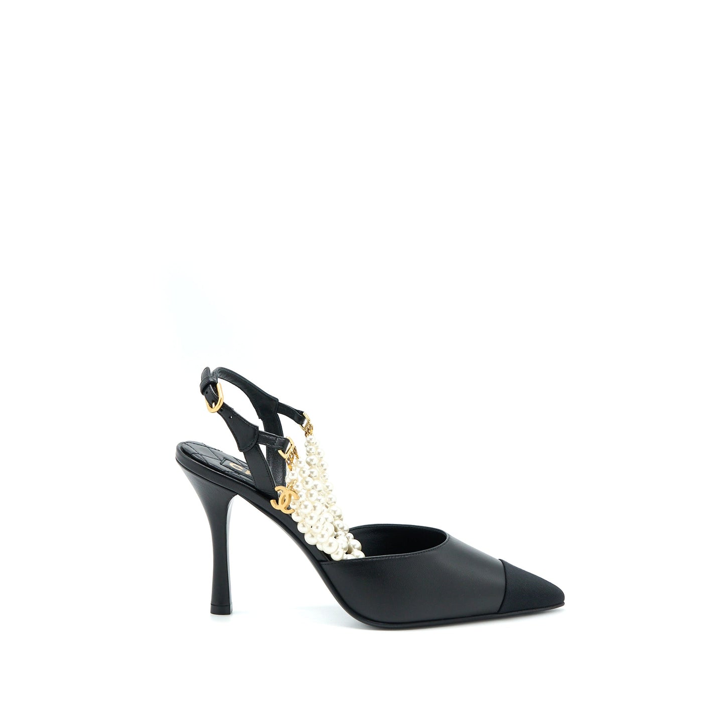 Chanel Size 39 Heel with Pearl Leather/Fabric Black