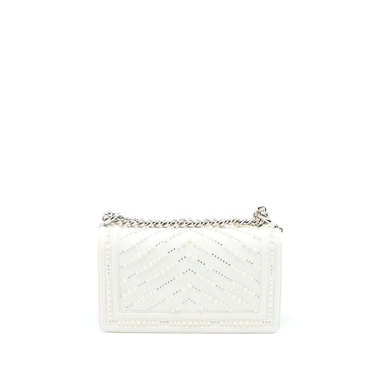 Chanel Medium Boy Bag Chevron Limited Lambskin With Pearl White