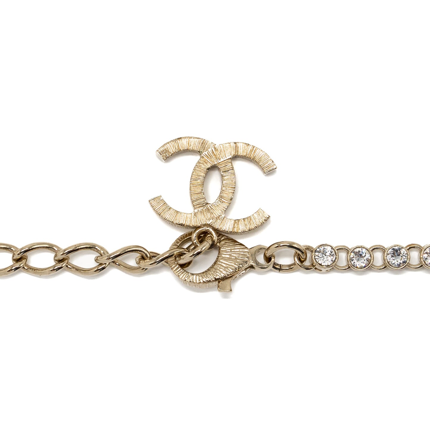 Chanel Pearl and CC logo with crystal chain necklace light gold tone