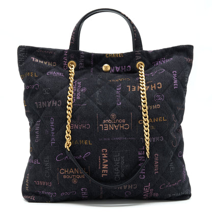 Chanel 22P Printed Denim Maxi Shopping Tote Bag Black/Multicolour