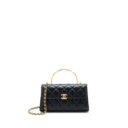 Chanel 22B Flap Bag With Enamel Top Handle Lambskin Black