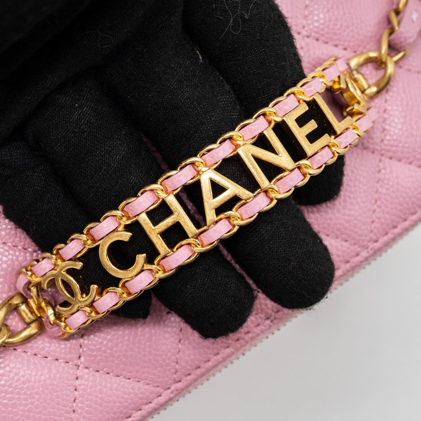 Chanel Letter Top Handle Long Vanity With Chain Caviar Pink