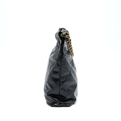 Chanel 22 Bag Medium Shiny Calfskin Black In Gold Letter  (Microchip)