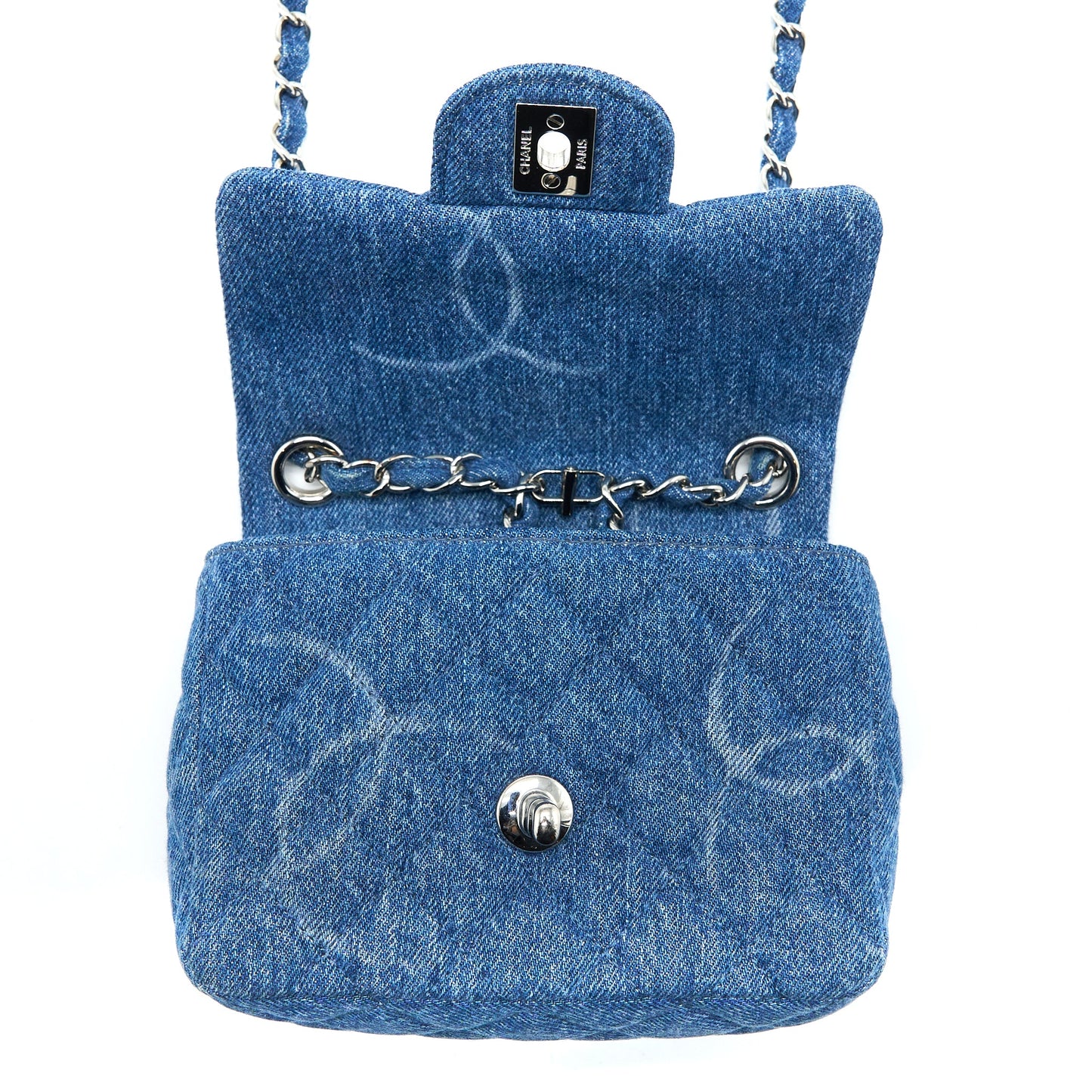 Chanel 20B Mini Square Flap Bag CC Print Denim Blue
