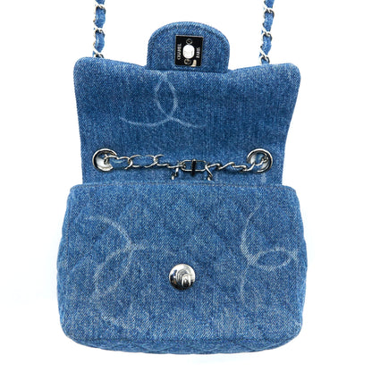 Chanel 20B Mini Square Flap Bag CC Print Denim Blue