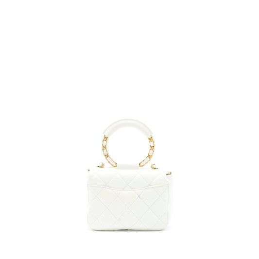 Chanel Circular Handle Quilted Flap Bag Lambskin White Brushed