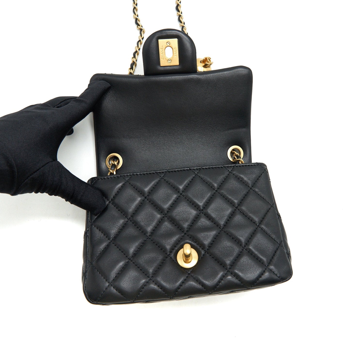 Chanel 22C Pearl Crush Mini Square Flap Bag Black Lambskin