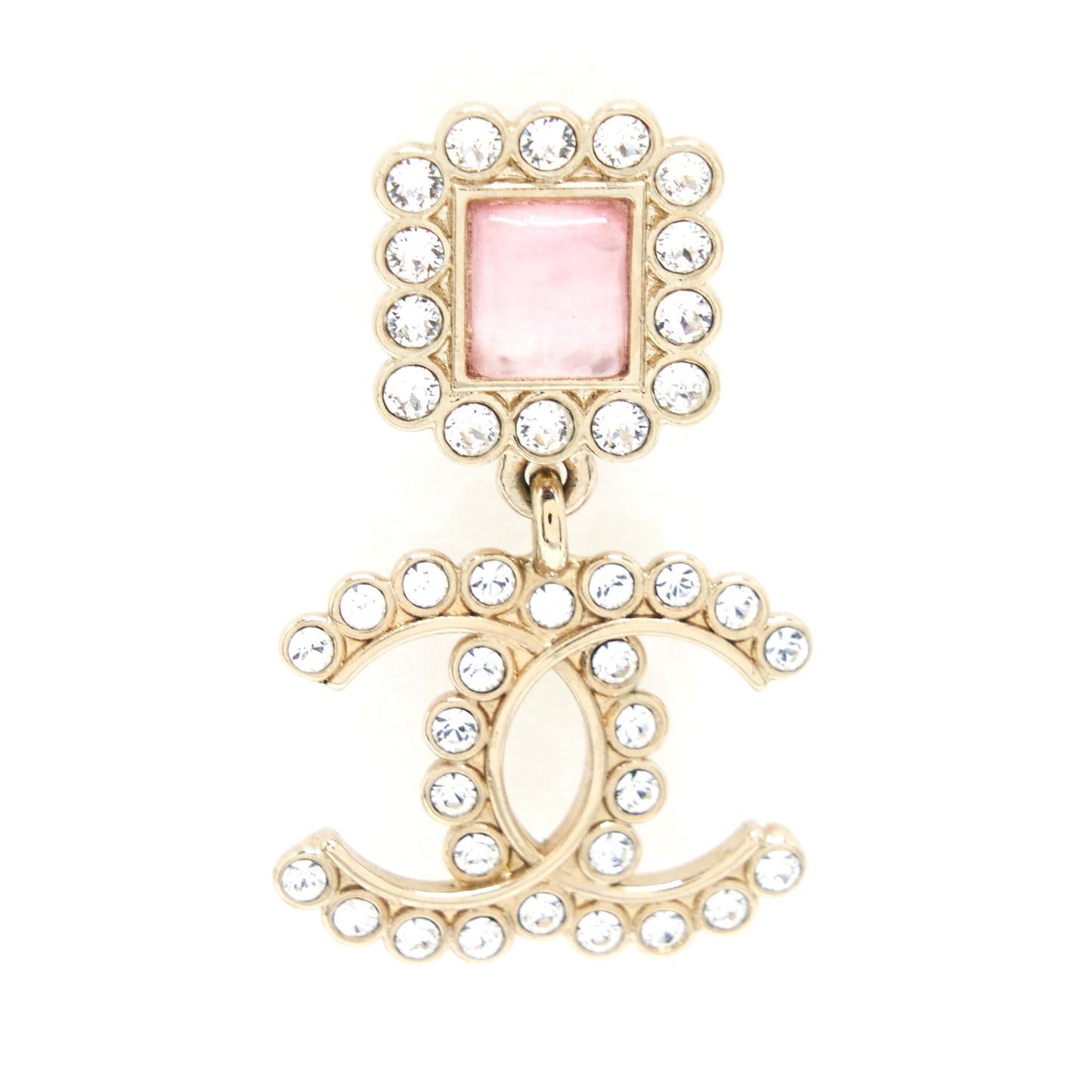 Chanel Crystal CC Drop Earrings With Pink Stud L