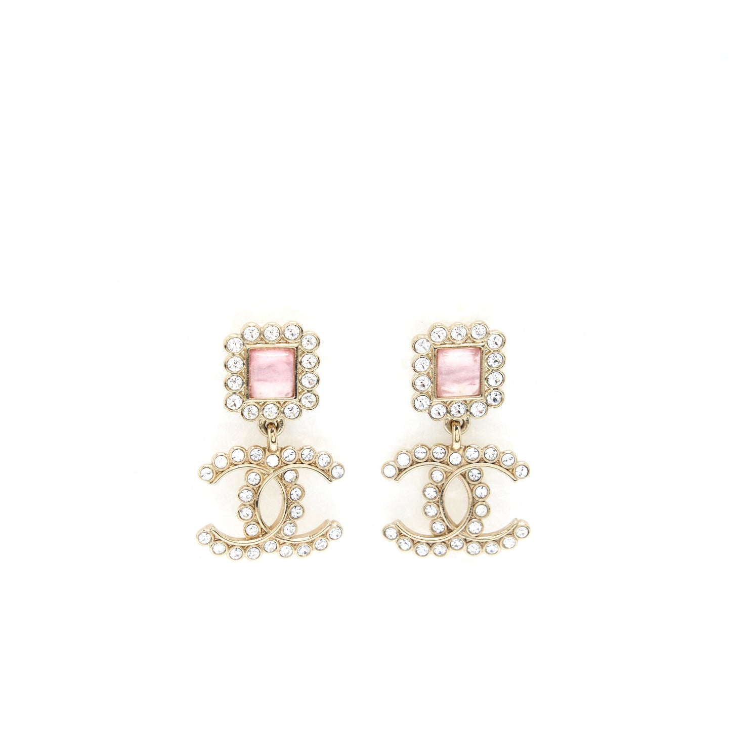Chanel Crystal CC Drop Earrings With Pink Stud L