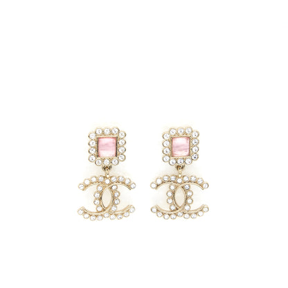 Chanel Crystal CC Drop Earrings With Pink Stud L
