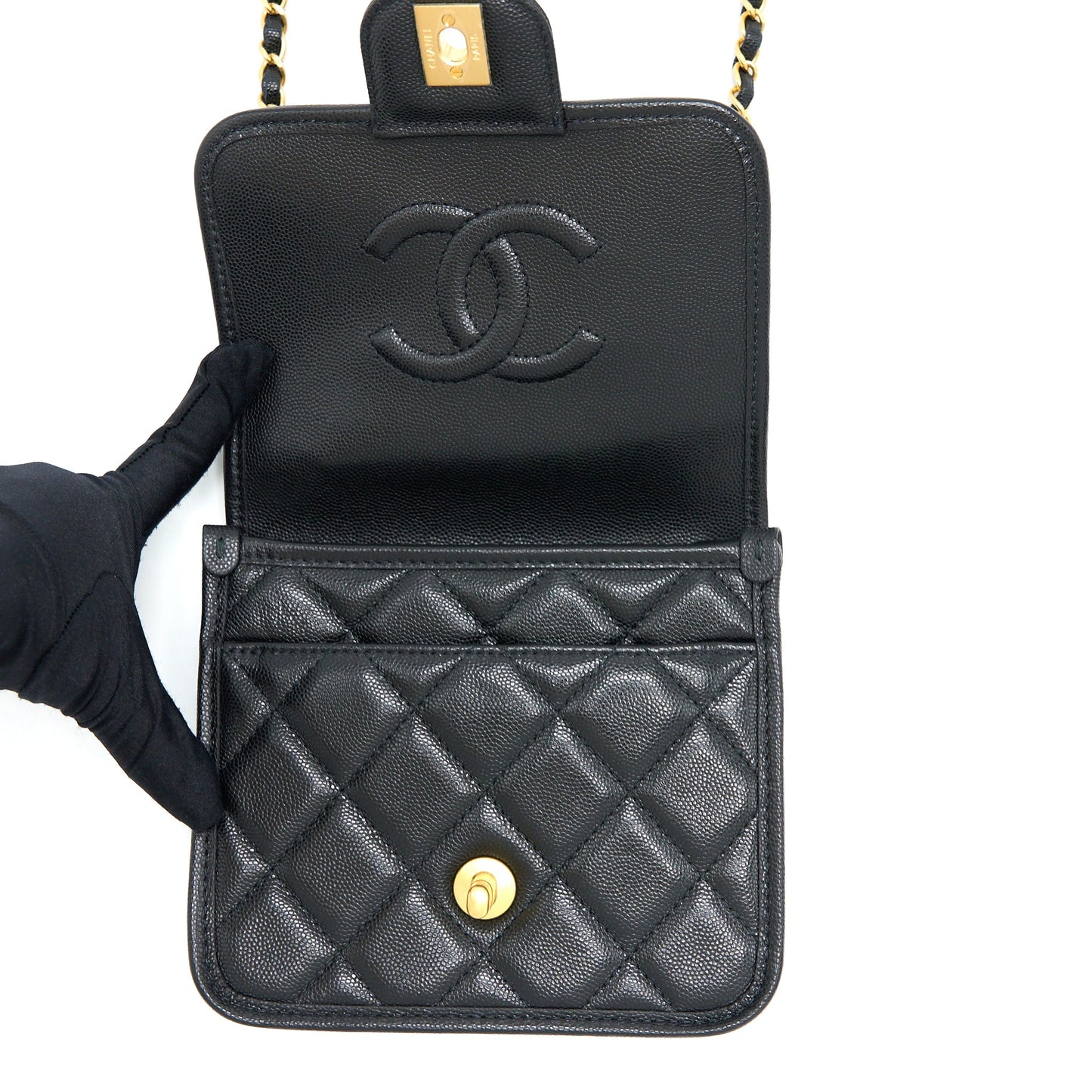 Chanel 22K Top Handle Messenger Bag Caviar Black Brushed (Microchip)