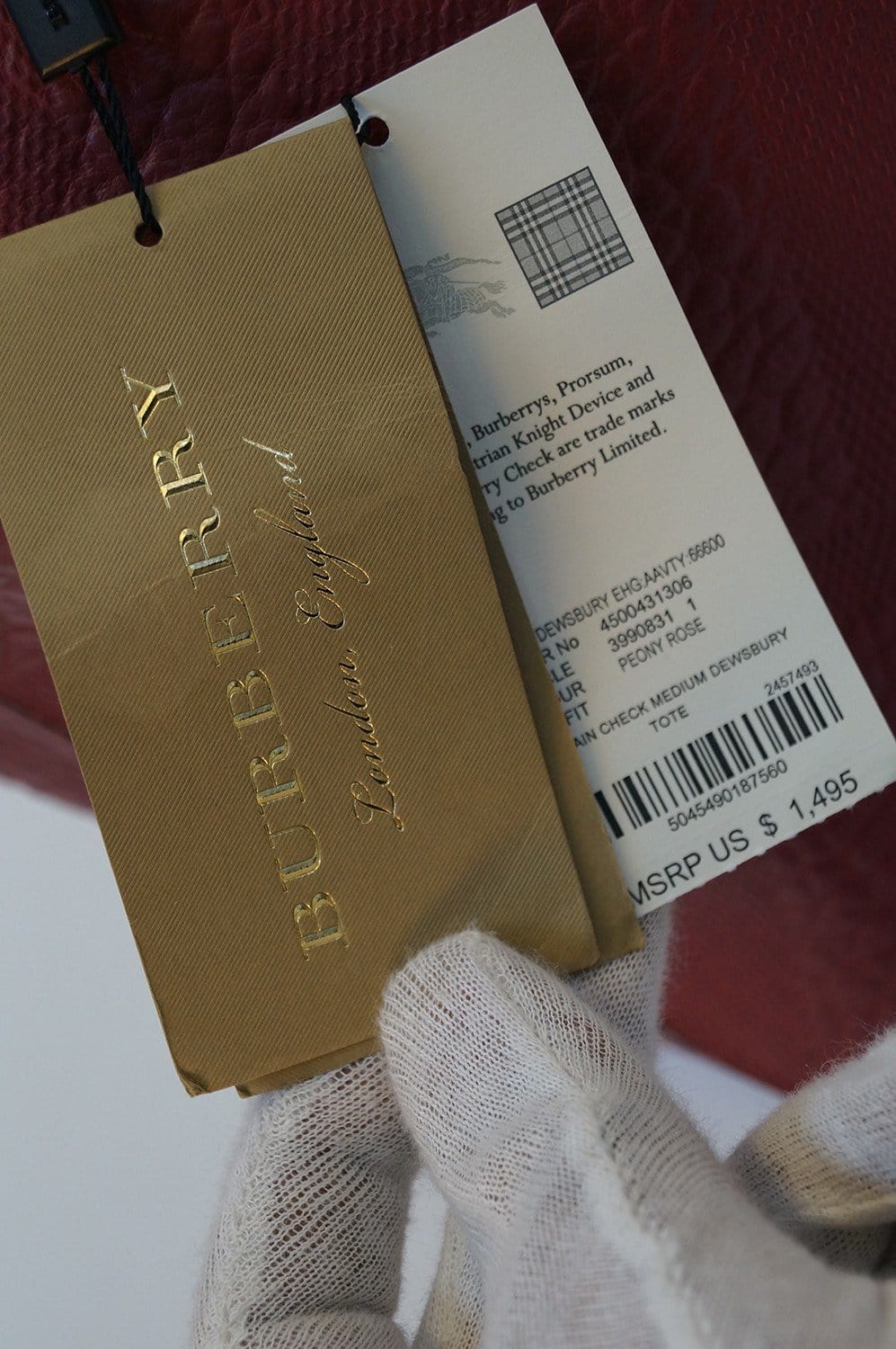 Burberry Dewsbury Red Leather Medium Check Tote Bag