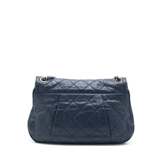 Chanel Flap Hobo Bag Calfskin Navy With Ruthenium Sliver Hardware