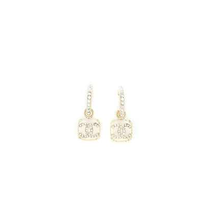 Chanel 23P Square CC Logo Drop Earrings Crystal Light Gold Tone