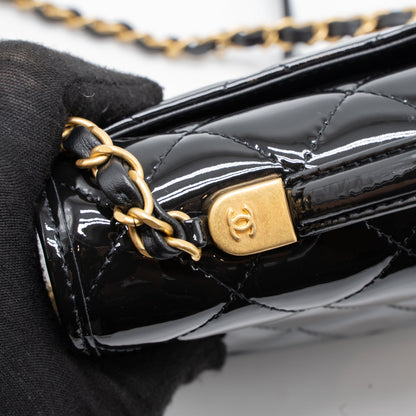 Chanel 22K Top Handle Messenger Bag Patent Leather Black Brushed  (Microchip)