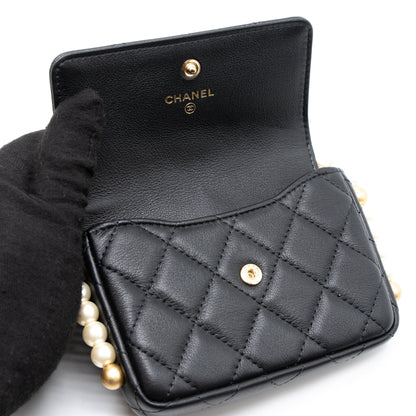 Chanel Pearl Chain Mini Flap Bag Lambskin Black Brushed