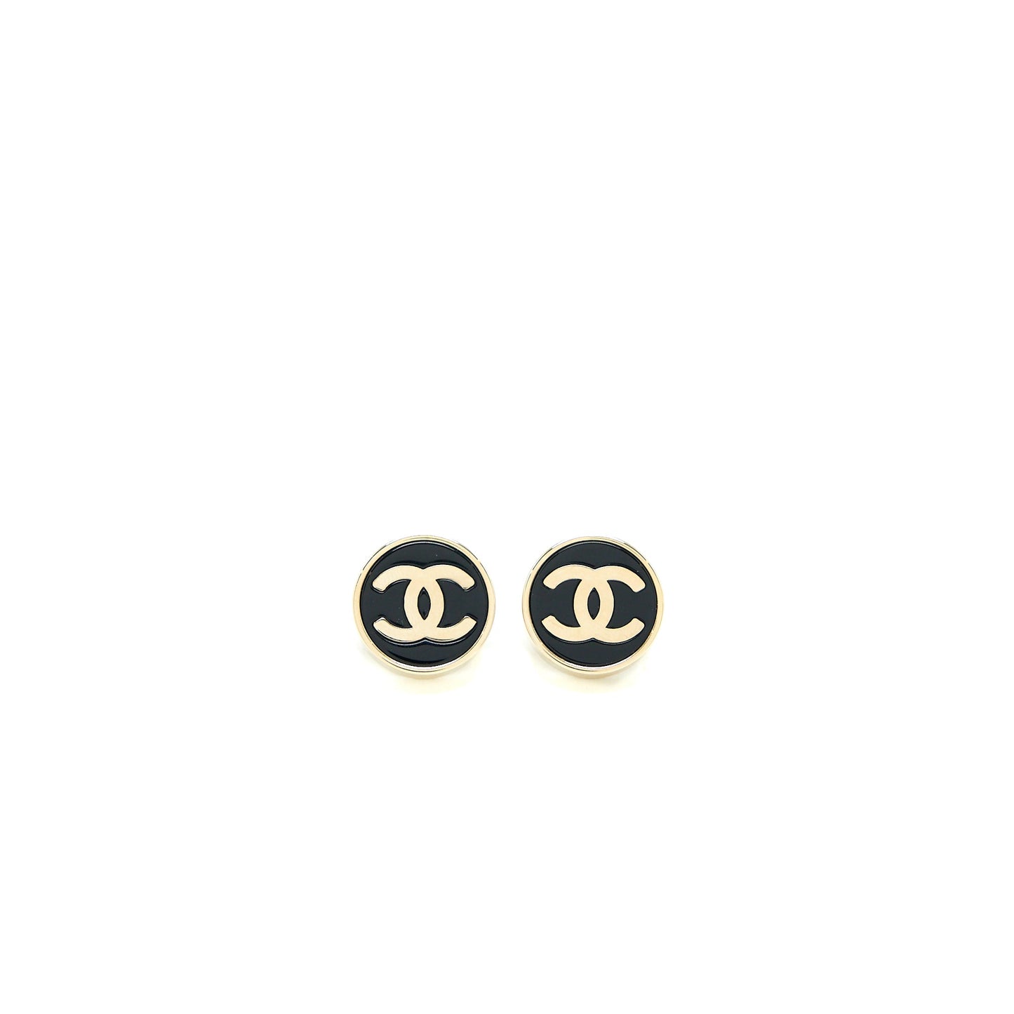 Chanel Round and CC Logo Earrings Black/Light Gold Tone