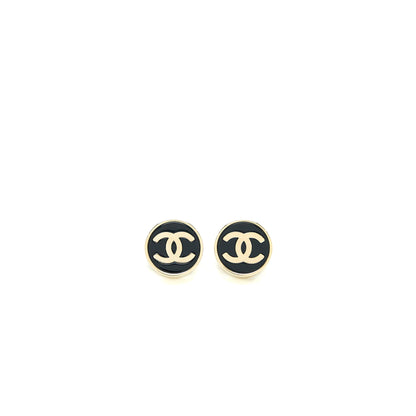 Chanel Round and CC Logo Earrings Black/Light Gold Tone