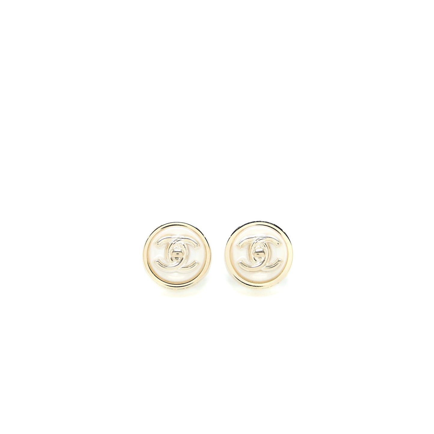 Chanel Round with CC Logo Earrings White/Light Gold Tone