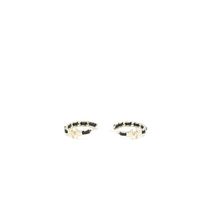 Chanel CC Logo/Leather Chain Small Hoop Earrings Light Gold Tone