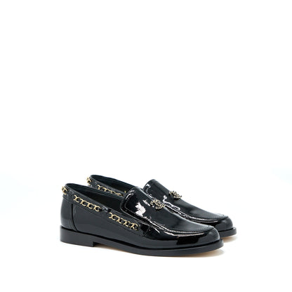 Chanel Size 38 CC Logo Flats Chain Loafers Patent Black