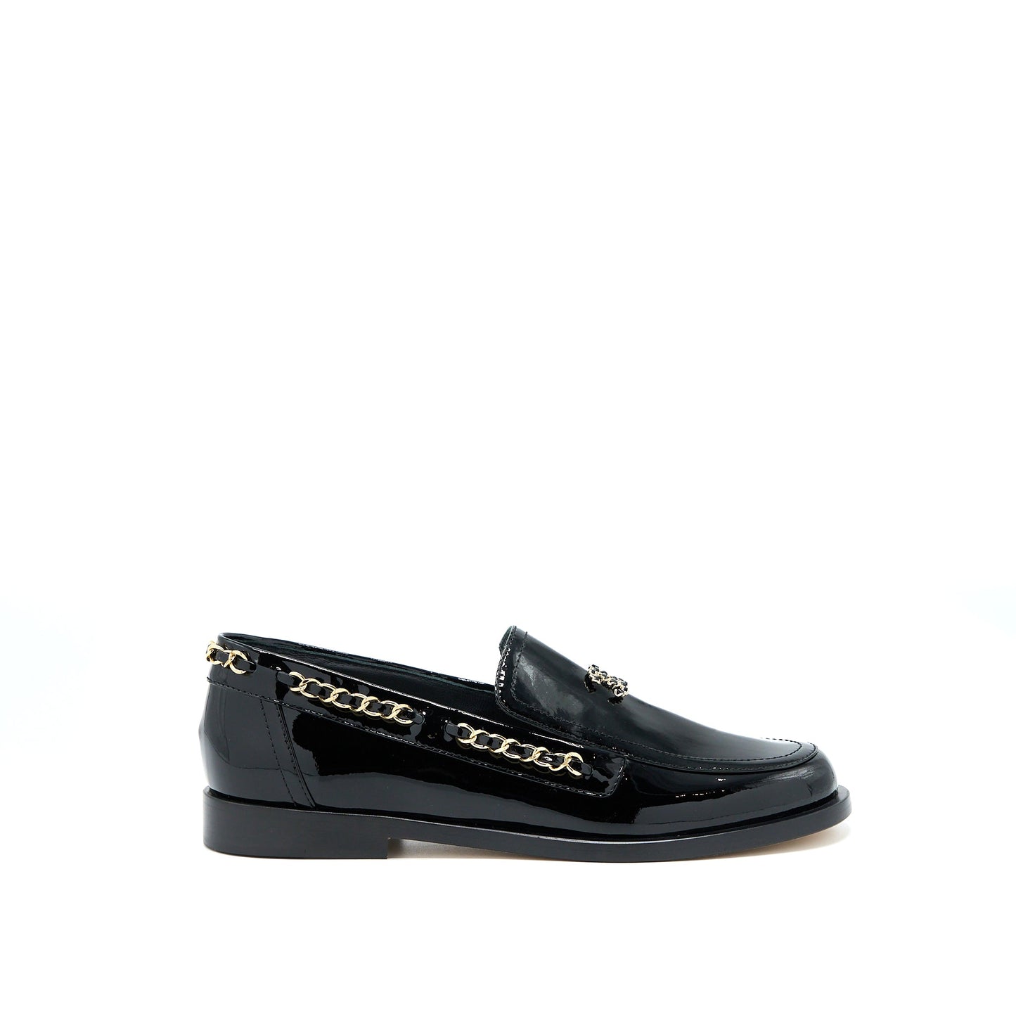 Chanel Size 38 CC Logo Flats Chain Loafers Patent Black