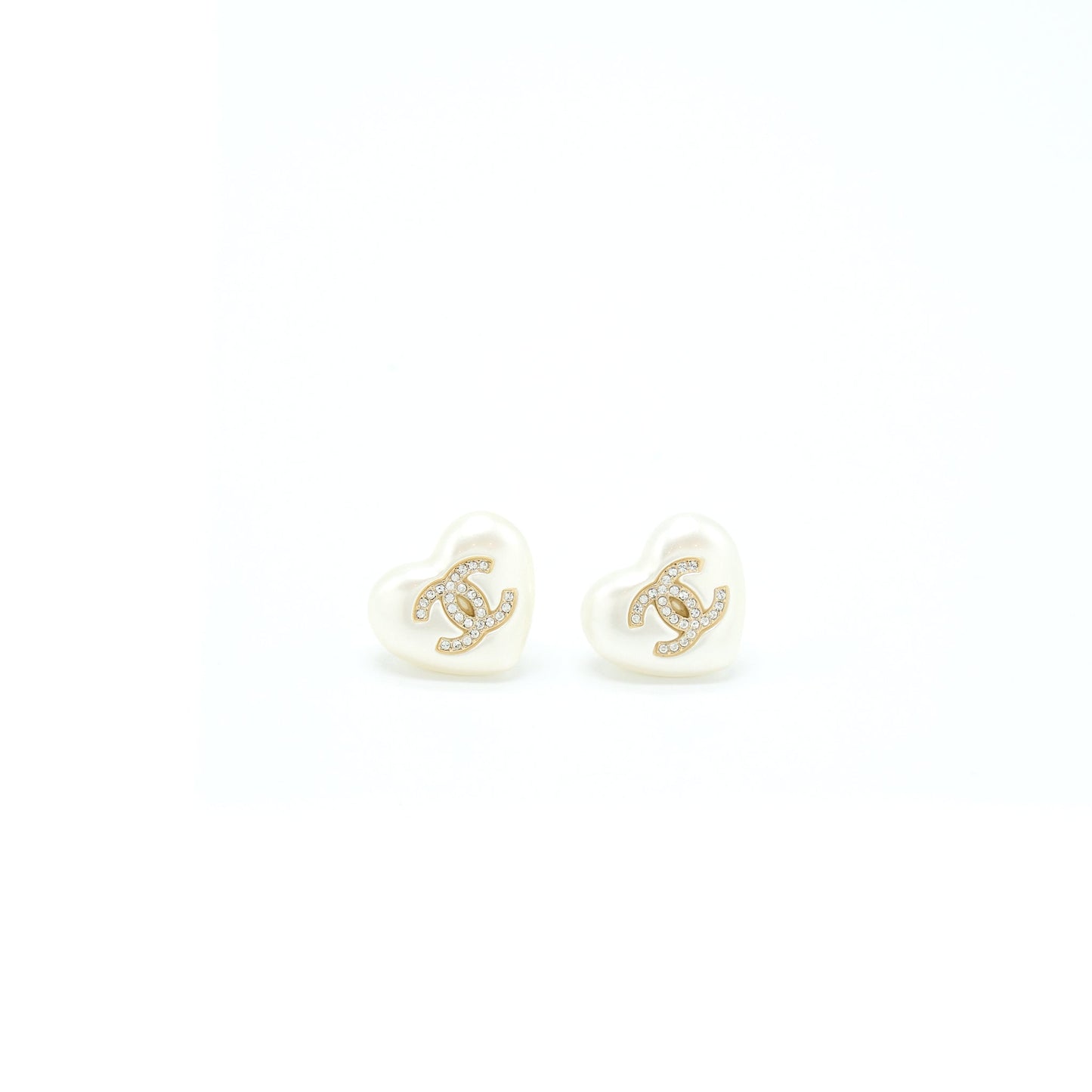 Chanel Heart Pearl Earrings With Crystals Light Gold