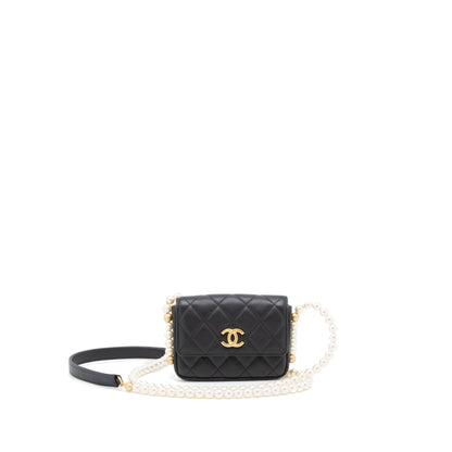 Chanel Pearl Chain Mini Flap Bag Lambskin Black Brushed