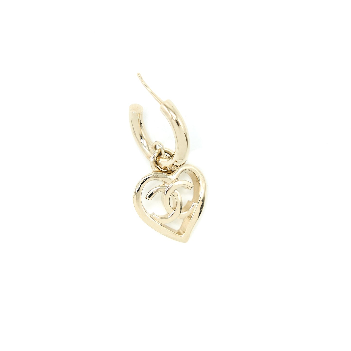 Chanel CC Logo Heart Drop Earrings Light Gold Tone