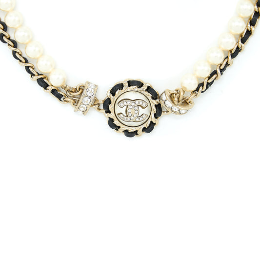 Chanel Crystal CC Logo Leather Chain/ Pearl Chocker Light Gold Tone