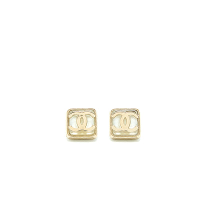 Chanel Square CC Logo Earrings Light Gold Tone