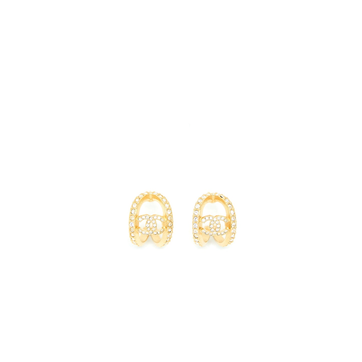Chanel CC Logo Earrings With Full Crystal Gold Tone