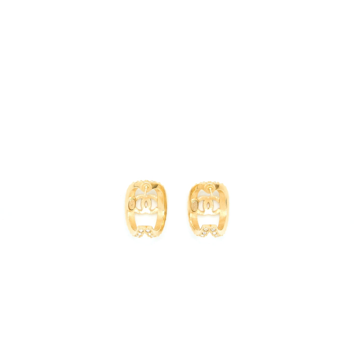 Chanel CC Logo Earrings With Full Crystal Gold Tone