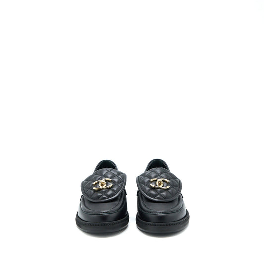 Chanel Size 37.5 Turnlock Loafers Quilted Leather Black L